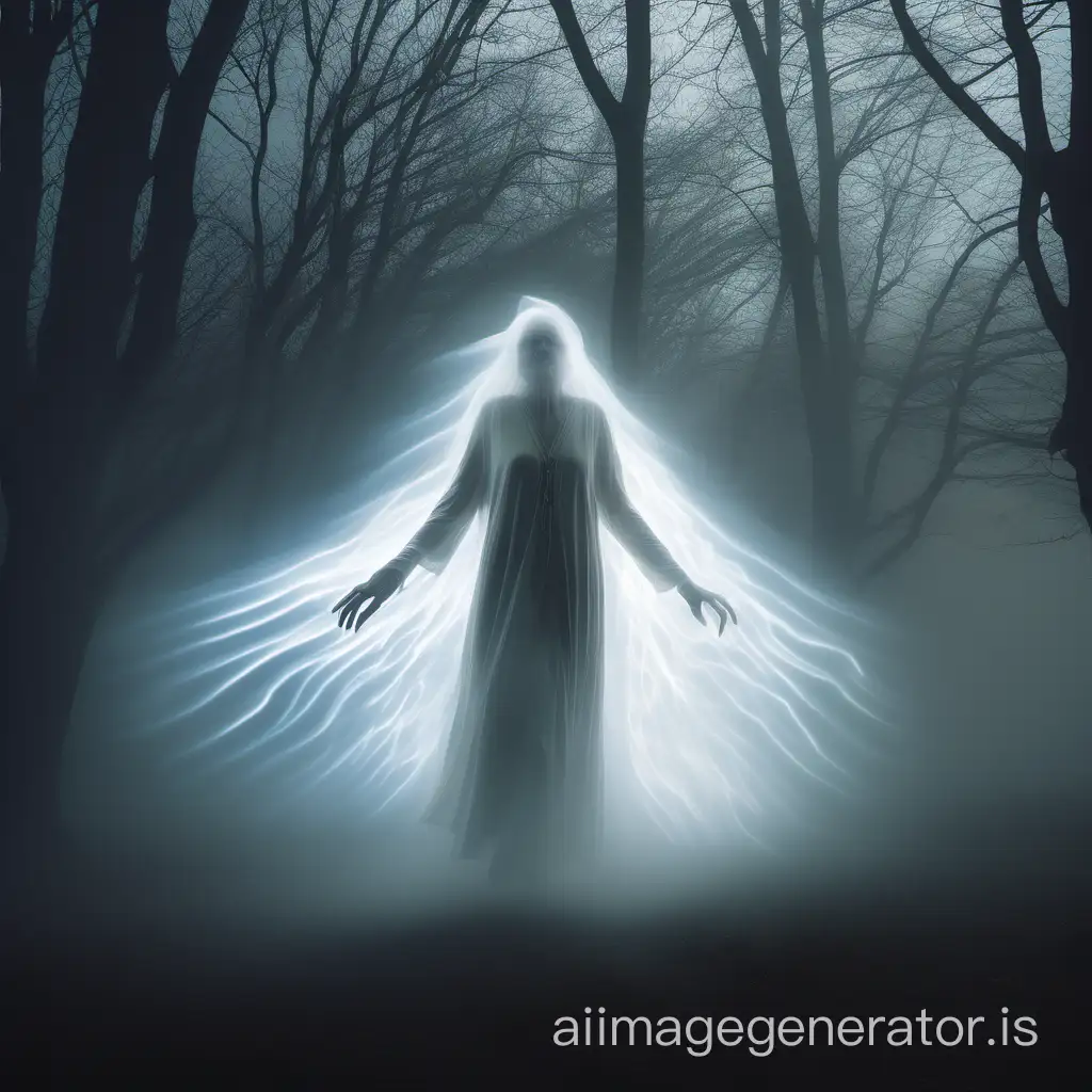 a translucent spirit of an elderly woman, a wraith of light and shadow, white outline, misty, flying in the air over ground, foggy night