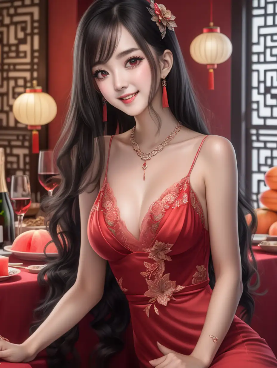 Elegant Celebration Stylish Chinese Girl in Red Evening Gown