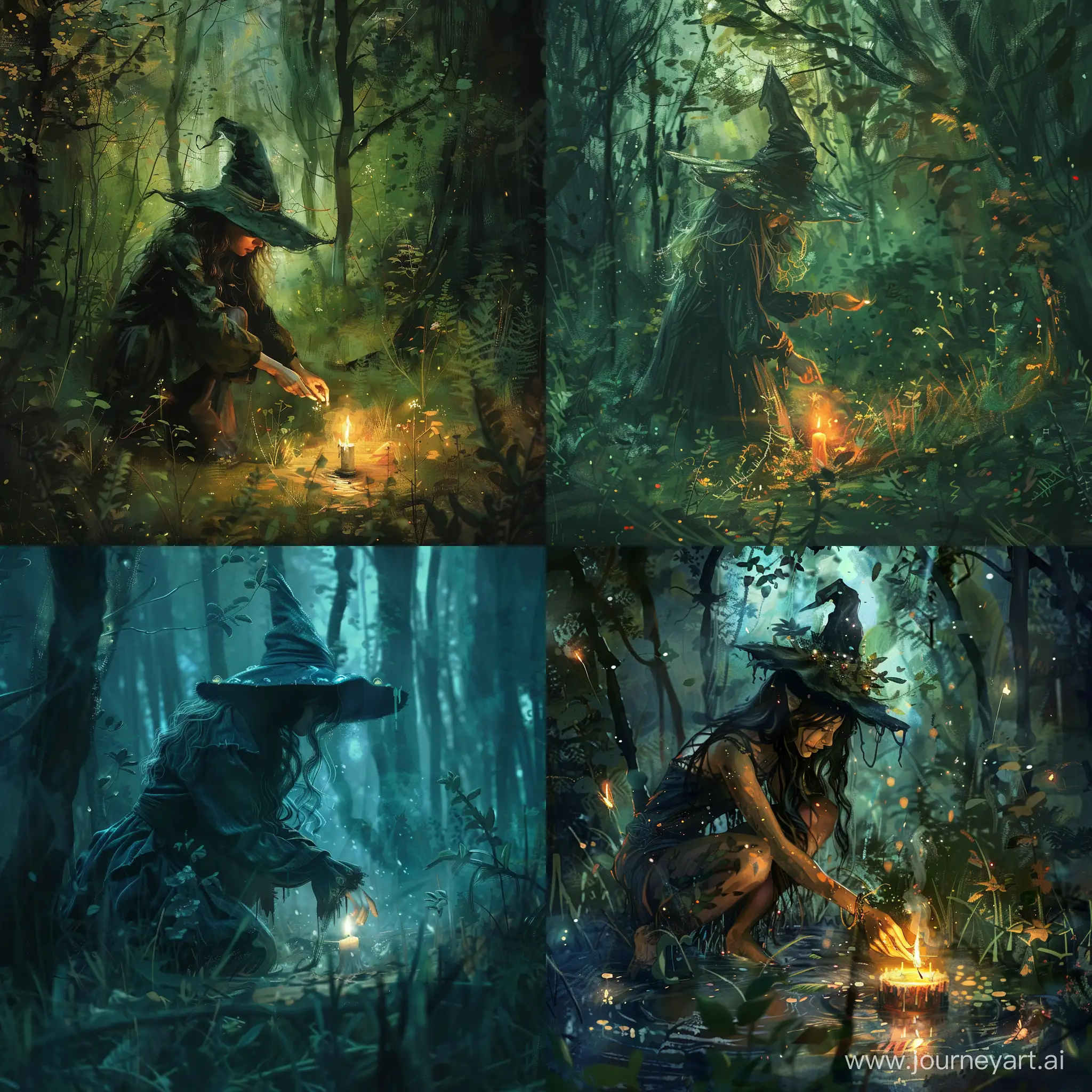 crie uma imagem para mim de uma bruxa, sem chapéu de bruxa, acendendo uma vela em uma floresta