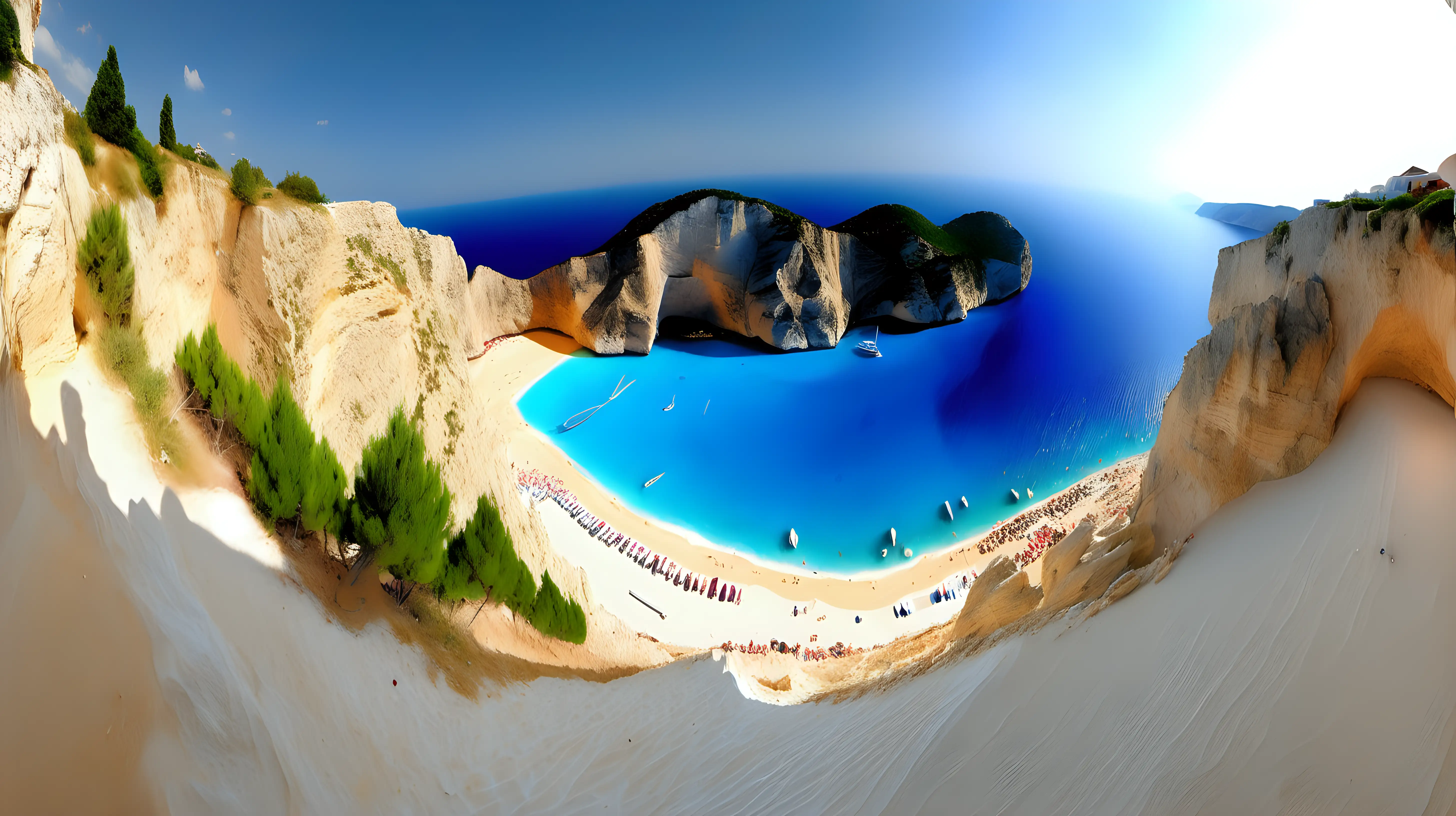 show Navagio Beach, Greece at its best shape and show its beauty roylaty and greatness,a wide angle image showing Navagio Beach, Greece at its peak beauty