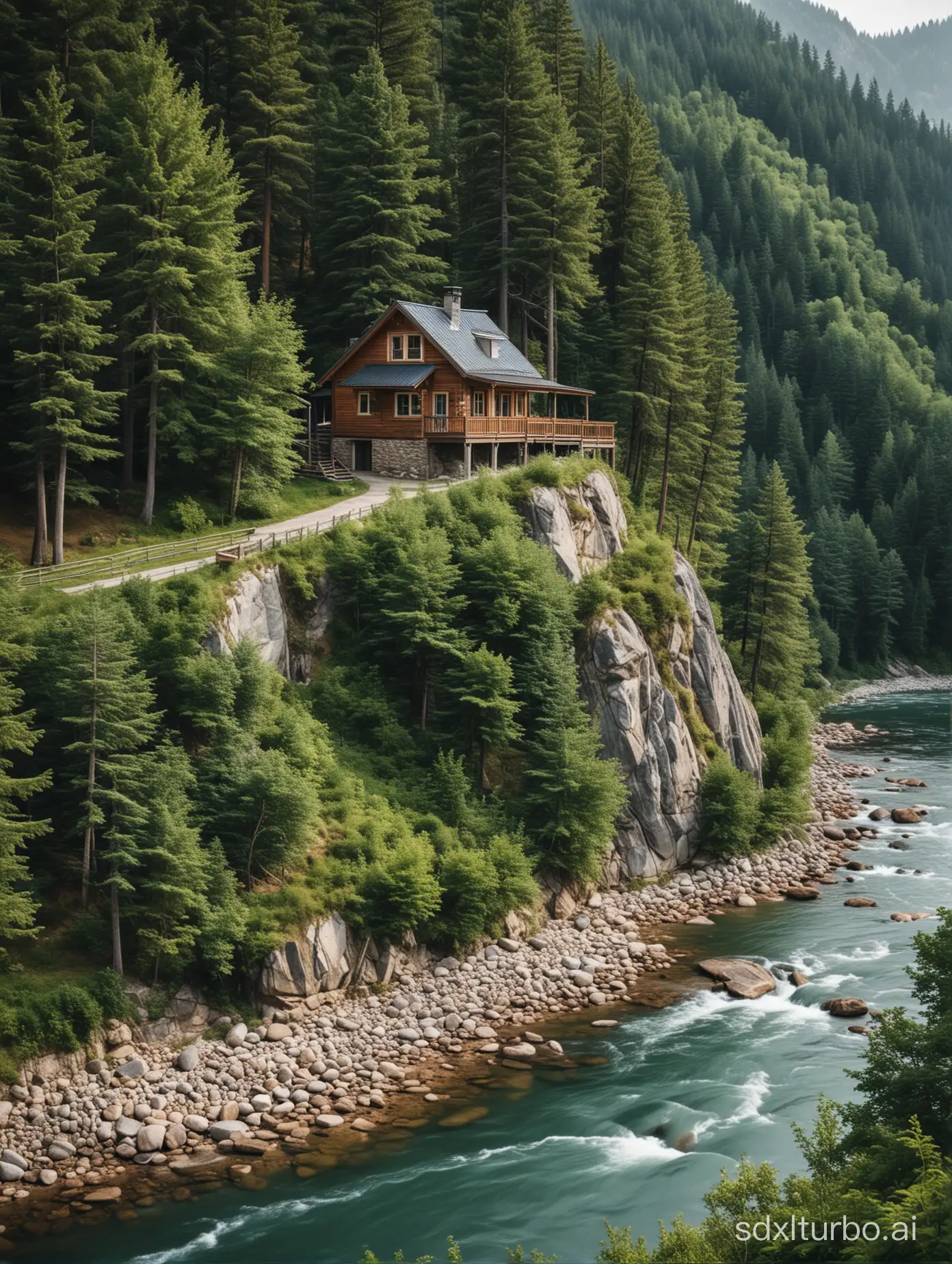 Small house on a mountain with a forest behind the house and a river passing in front