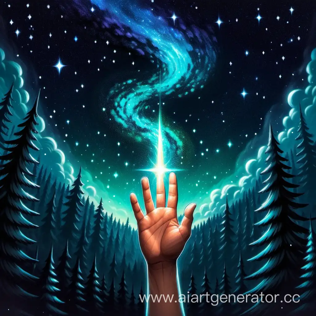 Mystical-Track-Cover-Hand-Dissolving-into-Glowing-Stardust-in-Starry-Forest