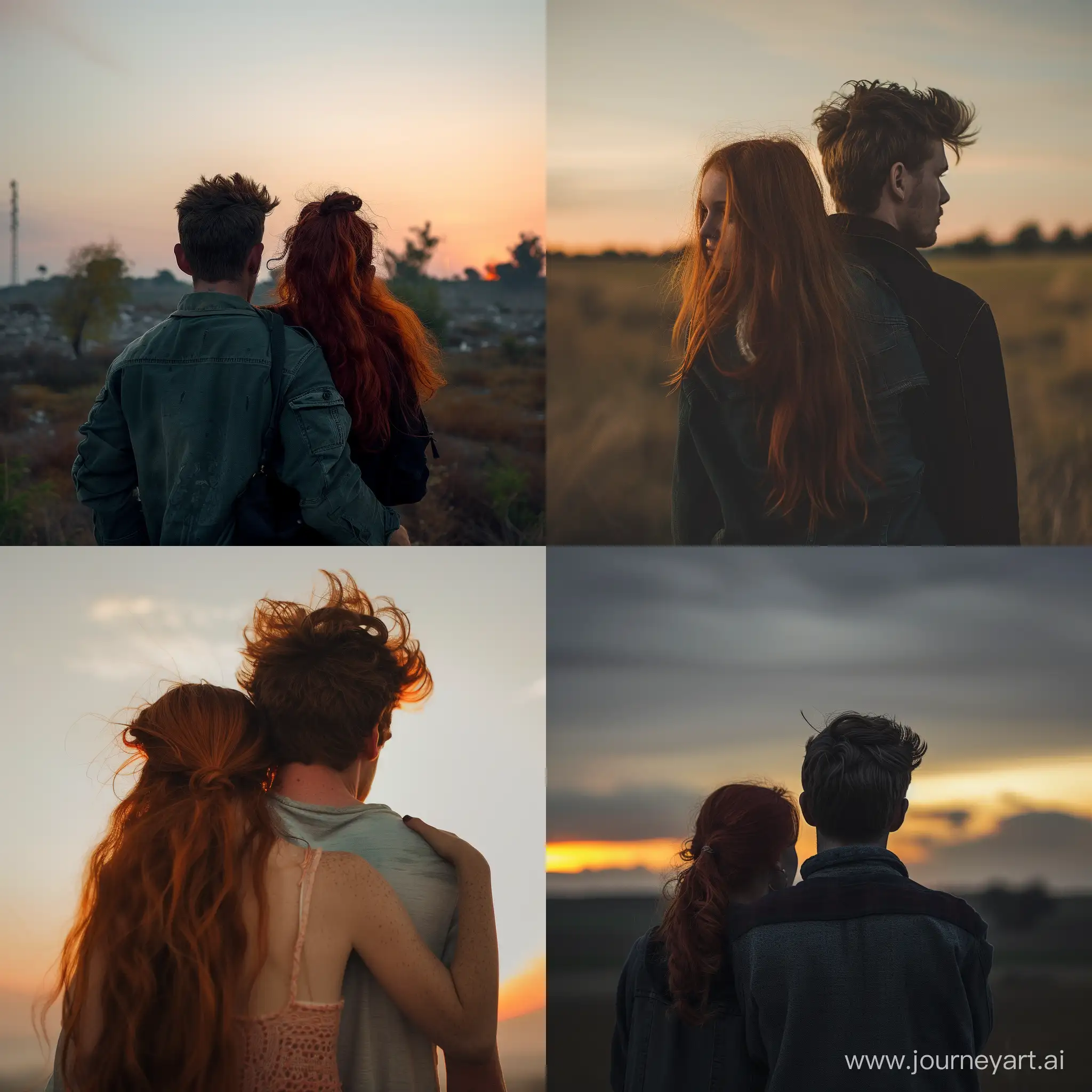RedHaired-Girl-Riding-on-Mans-Back-at-Sunset