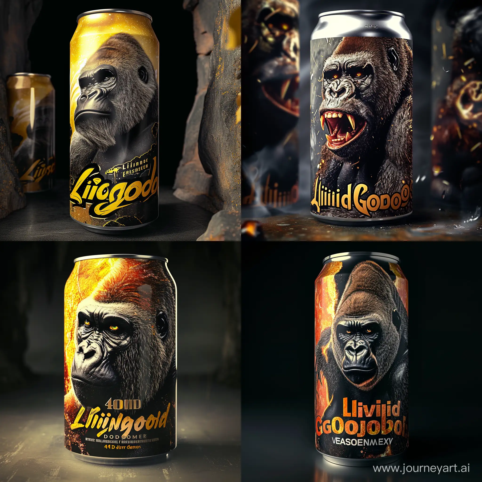 Produce a high-resolution, realistic studio image of a 4k aluminum energy drink can for the brand LiquidGorilla. Incorporate a powerful and detailed illustration of a gorilla into the can's design. Pay attention to the details, such as the fur texture and facial expression, to make the gorilla image lifelike. Ensure that the overall composition is visually appealing and aligns with the energy drink theme. Use dynamic lighting and shadows to enhance the realism of the scene.