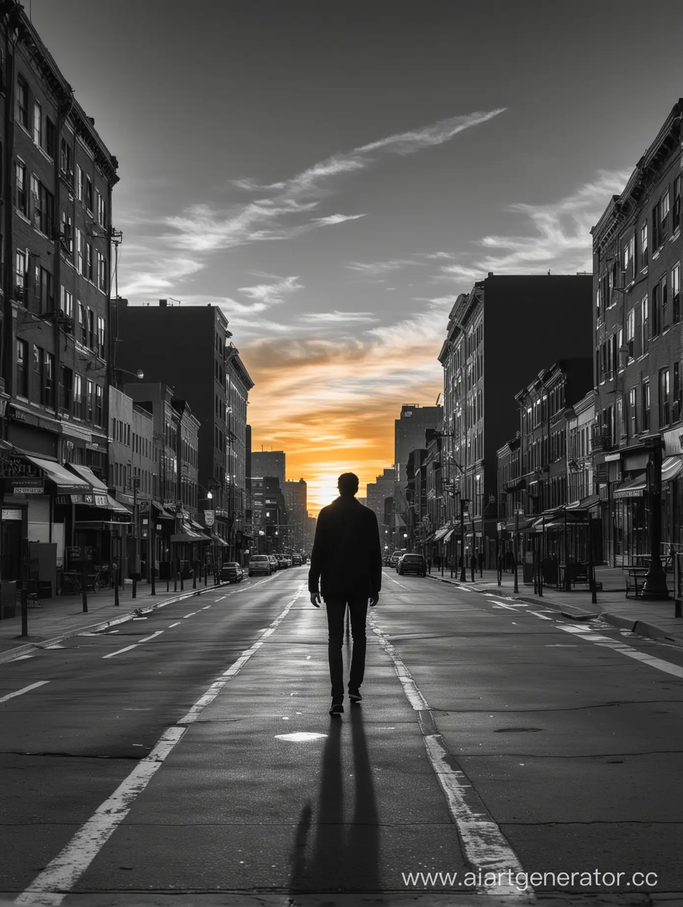 A faceless man walks down a city street with a sunset in the background. In the picture, only the sunset is in bright colors and the rest is in black and white colors.