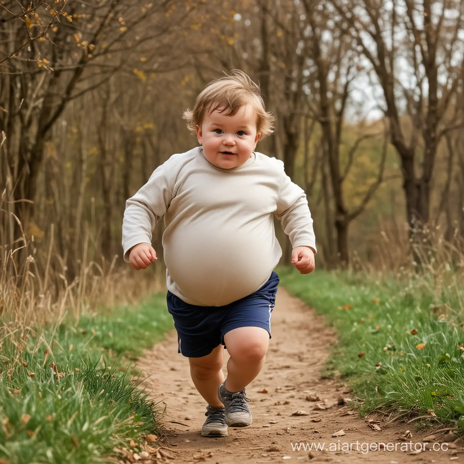 Adorable-Plump-Boy-Running-with-Big-Belly-in-Soft-Focus-Background