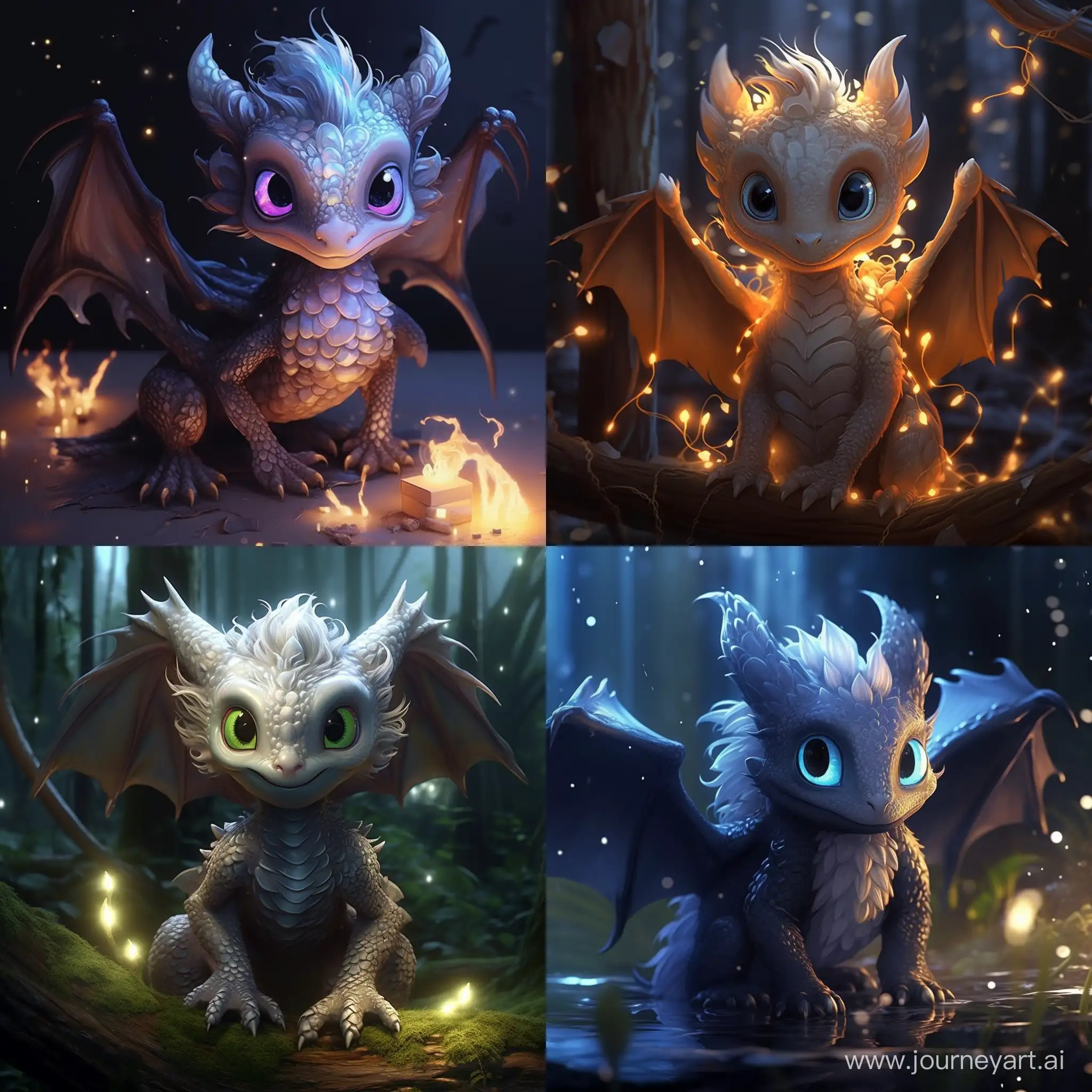 A (((cute young dragon))), with (((shimmering reflective scales))), and ((big, luminescent eyes)), intricate details that make it highly realistic