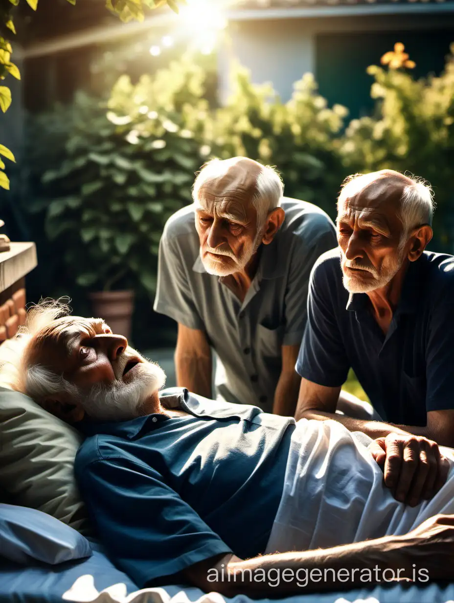An old man is lying on his bed in the yard in sunny light. He is suffering from many diseases. His 2 sons are sitting around his bed and they are worried about their father's condition. Image based on human face realistic.