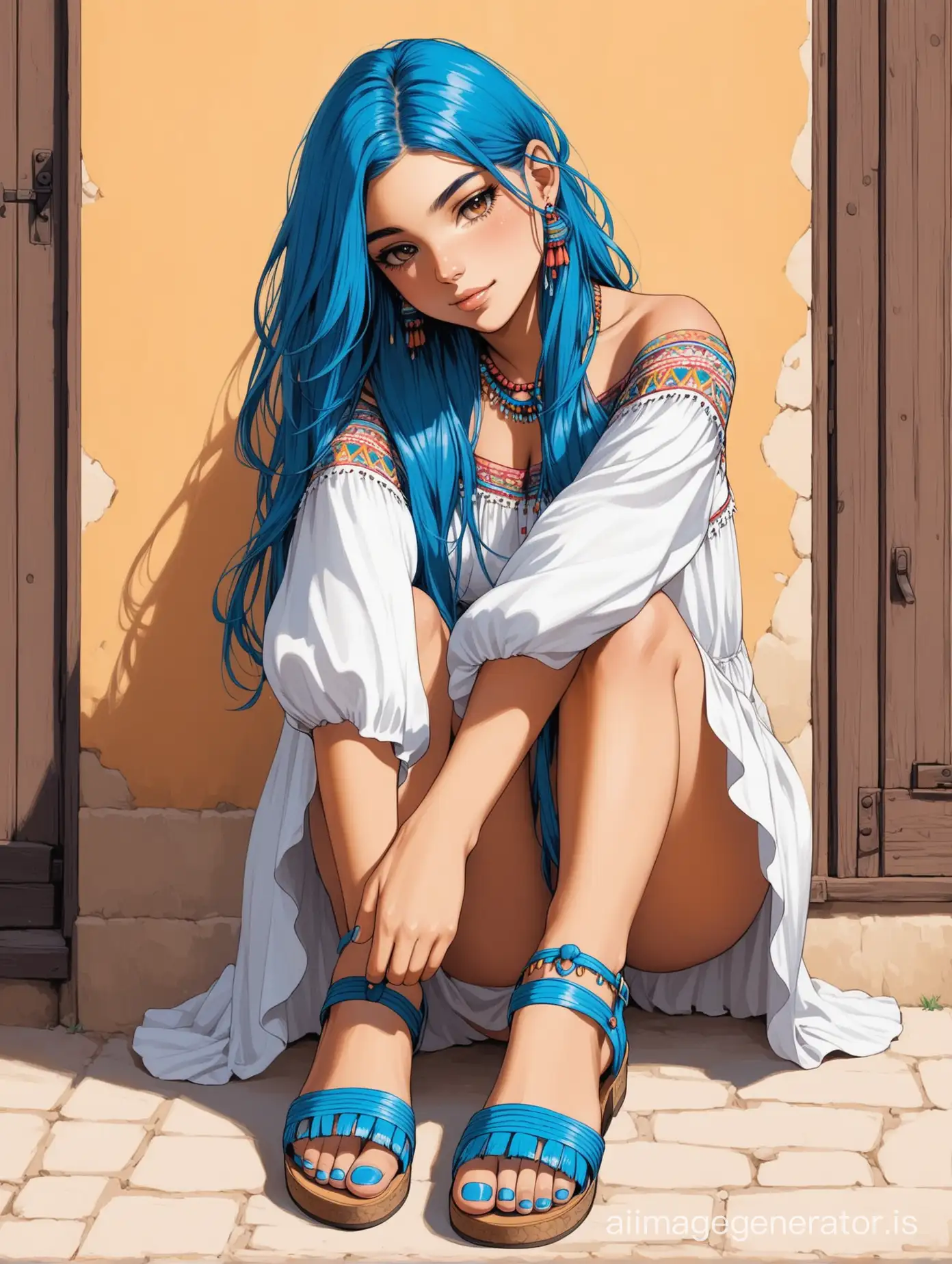 Bohemian-Gypsy-Girl-with-Vibrant-Blue-Hair-in-Closed-Toe-Sandals