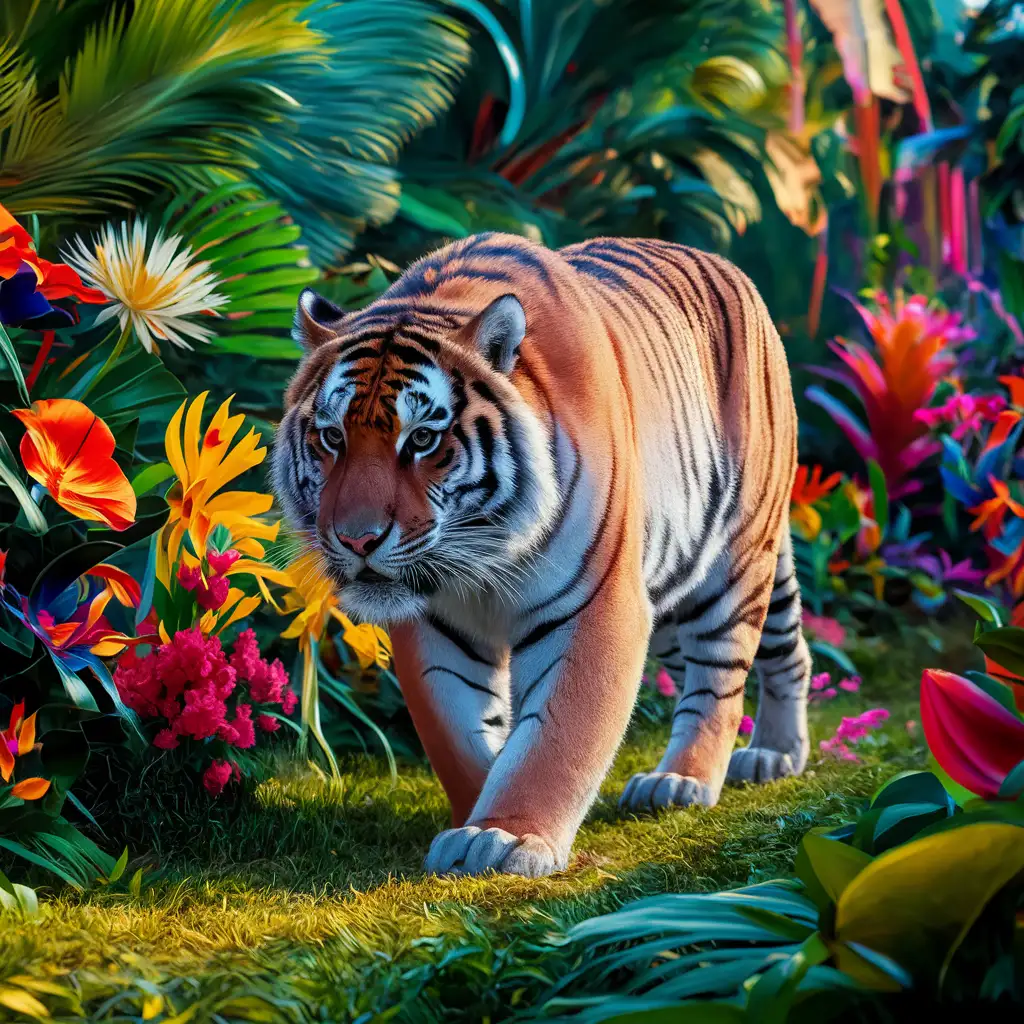 beautiful, landscape on painting featuring a furry tiger in a tropical jungle, tropical flowers, highly detailed, maximalism, realistic, colorful, vivid, vibrant, surreal, natural lighting, UHD, 8K, sharp focus, 