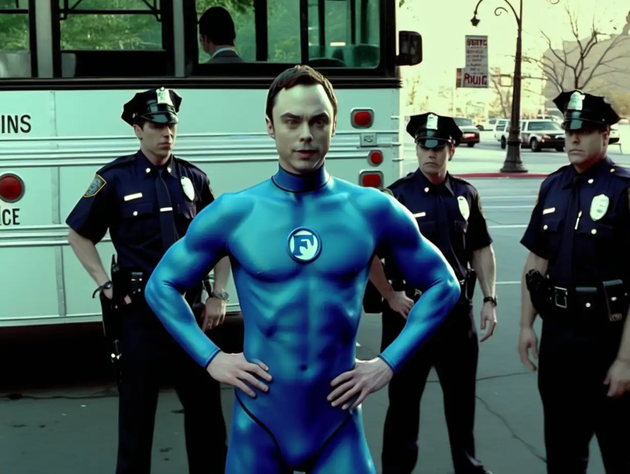 1999 dvd screen grab of Jim parsons as mr fantastic, he is with the police, they are in front of a bus