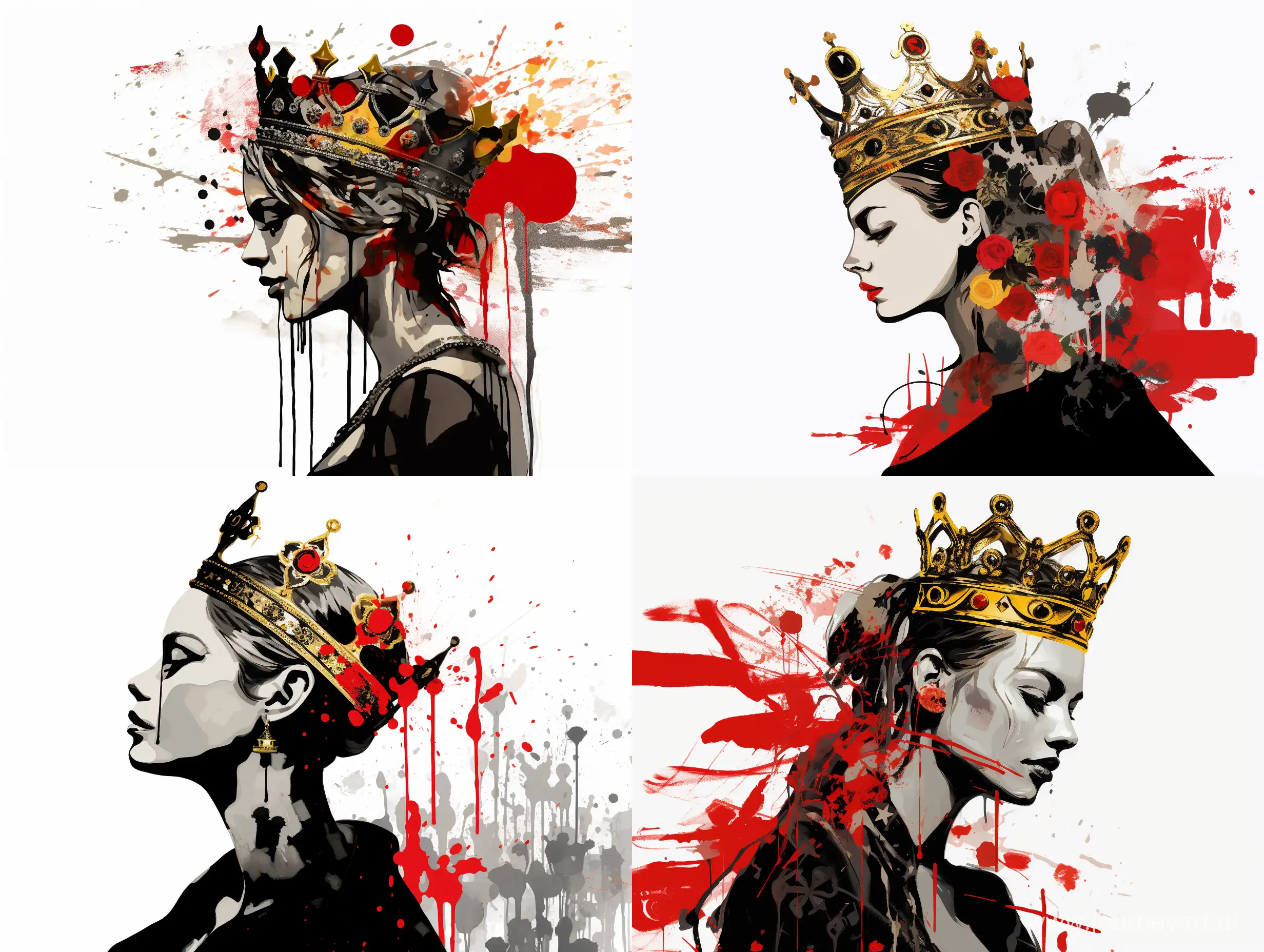 Young Queen looking like Miucci Prada, Prada clothes, central portrait in profile, on white background, colors: gray, black, red, gold, René Gruot style, decorative, illustration, ink stroke, caricature