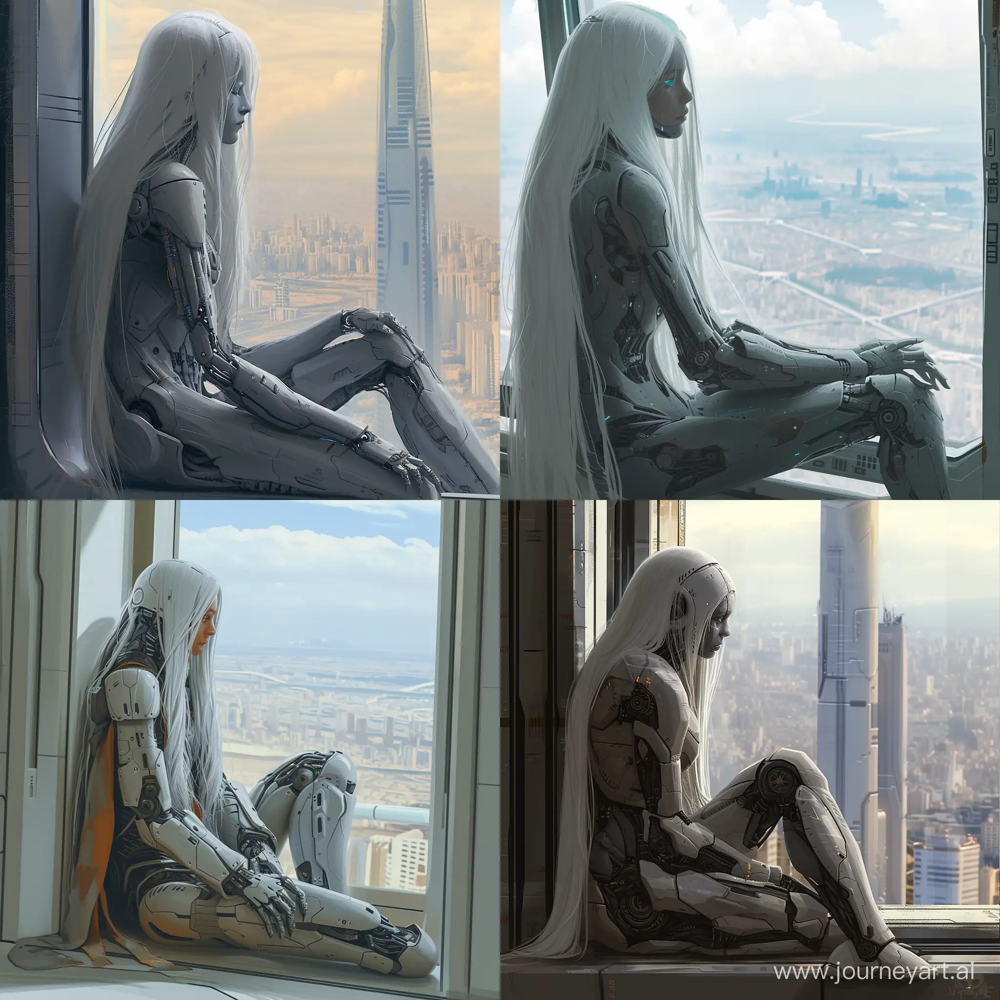 Futuristic-NonHumanoid-Cyborg-Gazing-Through-Window-in-a-SciFi-City