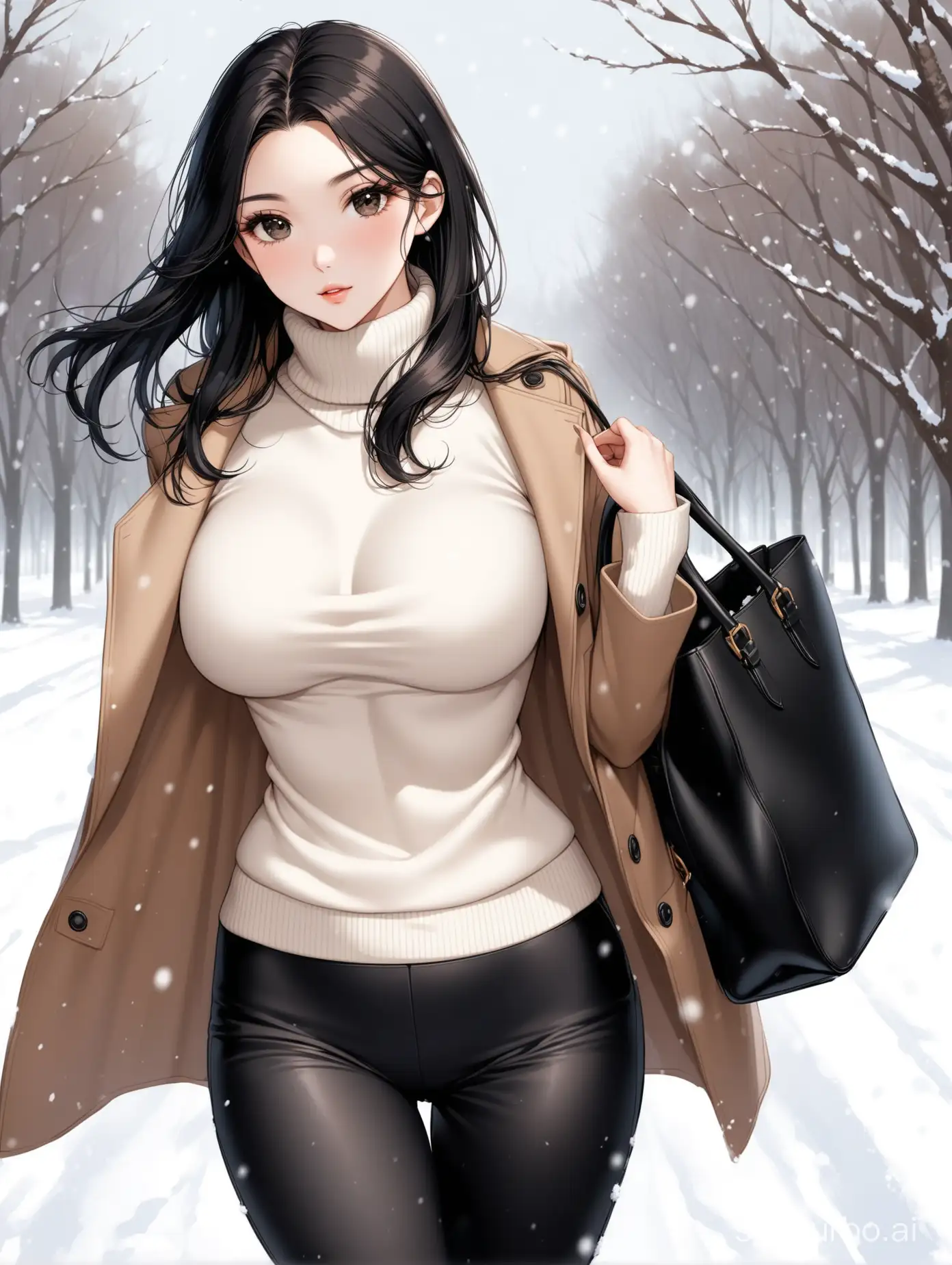 A beautiful woman, delicate features, exquisite appearance, perfect figure, perfect proportions, dense and thick medium-length black hair, fine black eyes, stunning appearance, large chest, narrow waist, wide hips, wearing a white turtleneck sweater, with a brown cashmere medium-length coat on the outside, black cashmere trousers, carrying a black leather bag on her shoulder, snow flying all around on a snowy day.