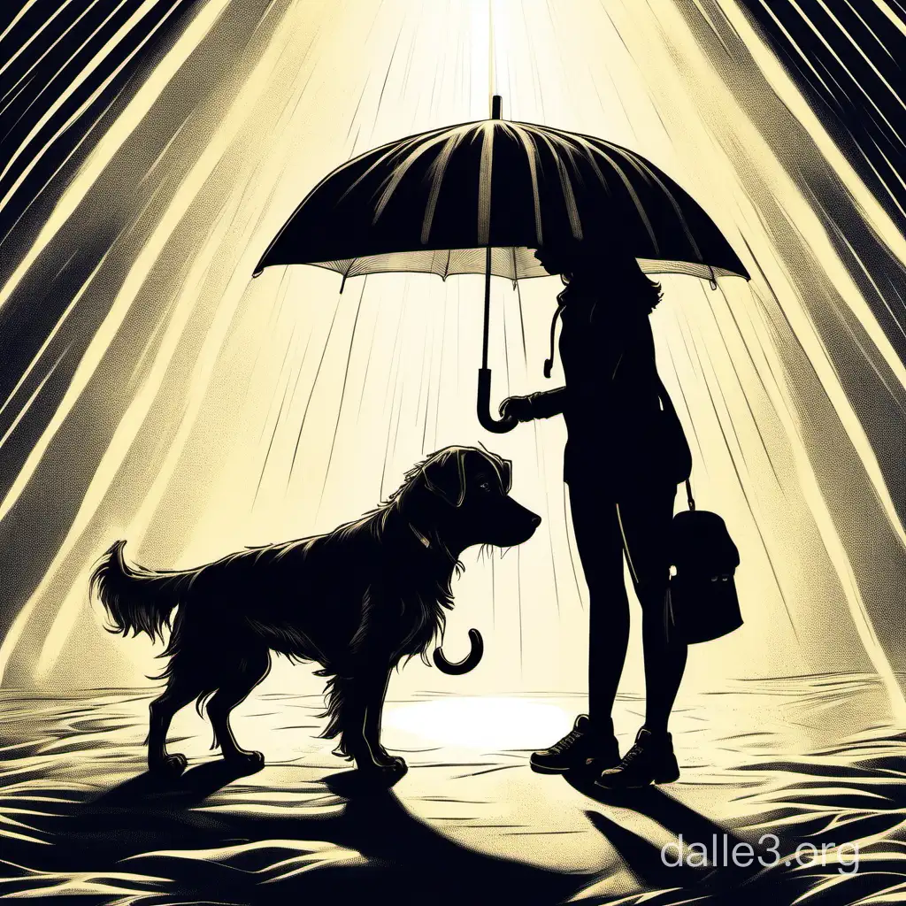 A female person holds an umbrella over a dog, light pours from under the umbrella onto the dog like a flashlight