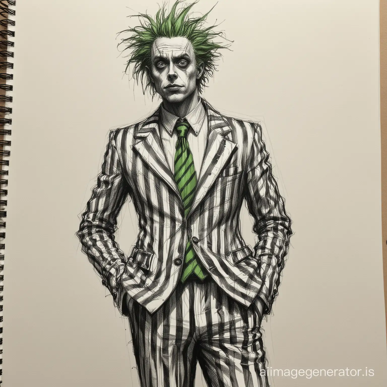 Sketchbook Style, Sketch book, hand drawn, dark, gritty, realistic sketch, Rough sketch, mix of bold dark lines and loose lines, bold lines, on paper, turnaround character sheet, tim burton beetle juice, green hair, black and white stripped suit, Full body, male,  dark theme, Perfect composition golden ratio, masterpiece, best quality, 4k, sharp focus. Better hand, perfect anatomy. 