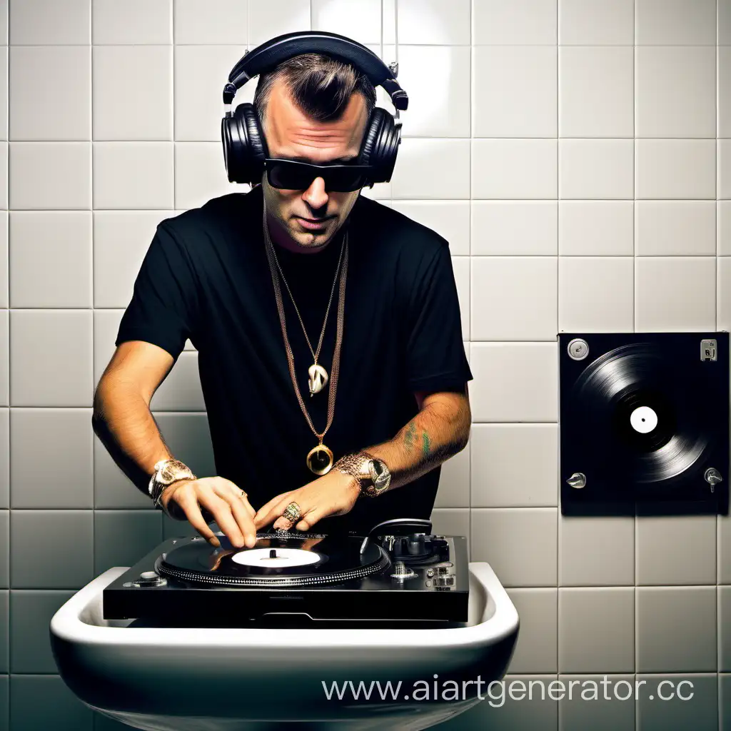 Rich dj in toilet playing vinyls