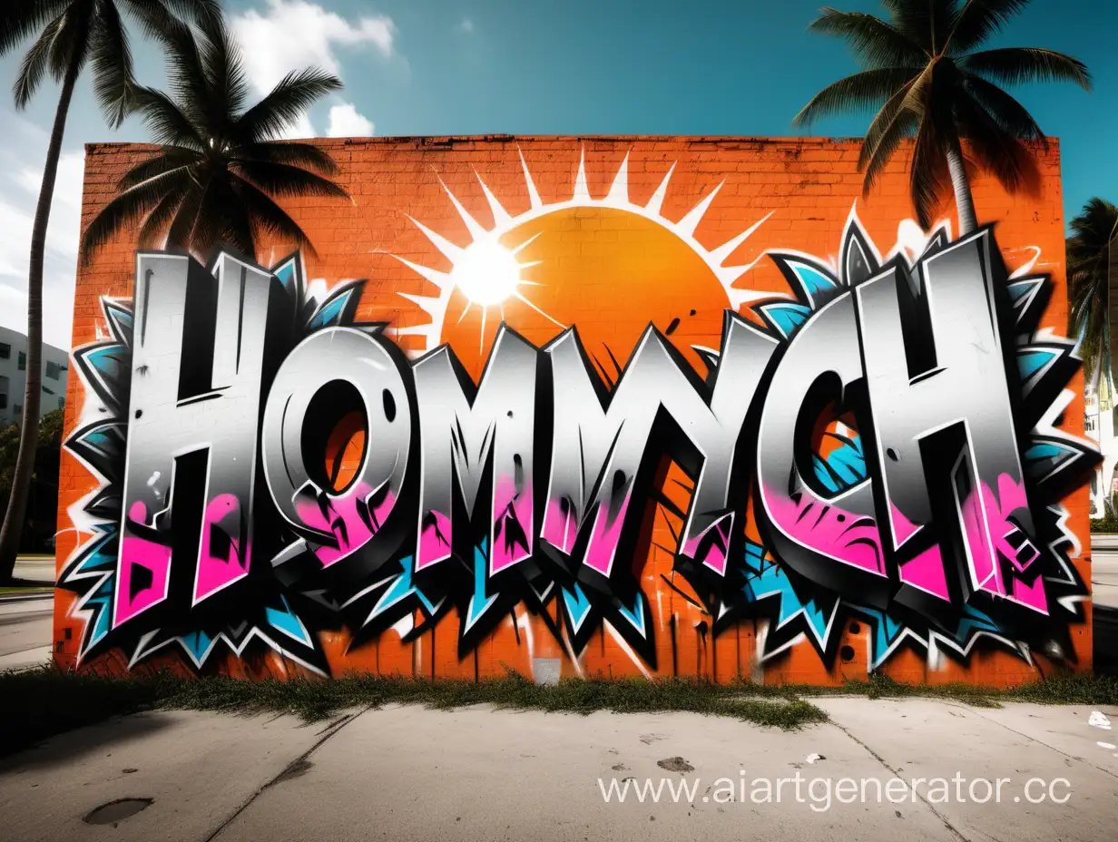 Написанный текст "Homych" в стиле граффити из Майами на фоне пальм и солнца 