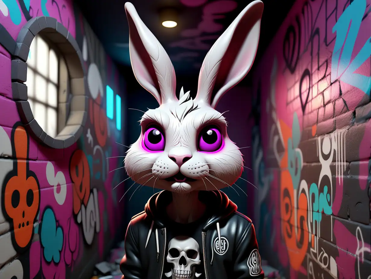 Rabbit's head in punk rock clothes, psychedelic portal in the wall
 , there is darkness around, stripped walls with graffiti, . Cinematic lighting of Fary tale, 16k, high detail -v 5.2 complex details. —stylized rendering 750 —v 5.1 A, clear neo-pop illustrations, pop art graphics, Southern Gothic -AR 4:5 -Niji 5:Neo—pop illustrations, pop art graphics, Southern Gothic -AR 4:5 —Niji 5:16k, high detail —version 5.2 complex details. —stylized rendering 750 —v 5.1 A, clear neo-pop illustrations, pop art graphics, southern Gothic —AR 4:5 —niji 5: