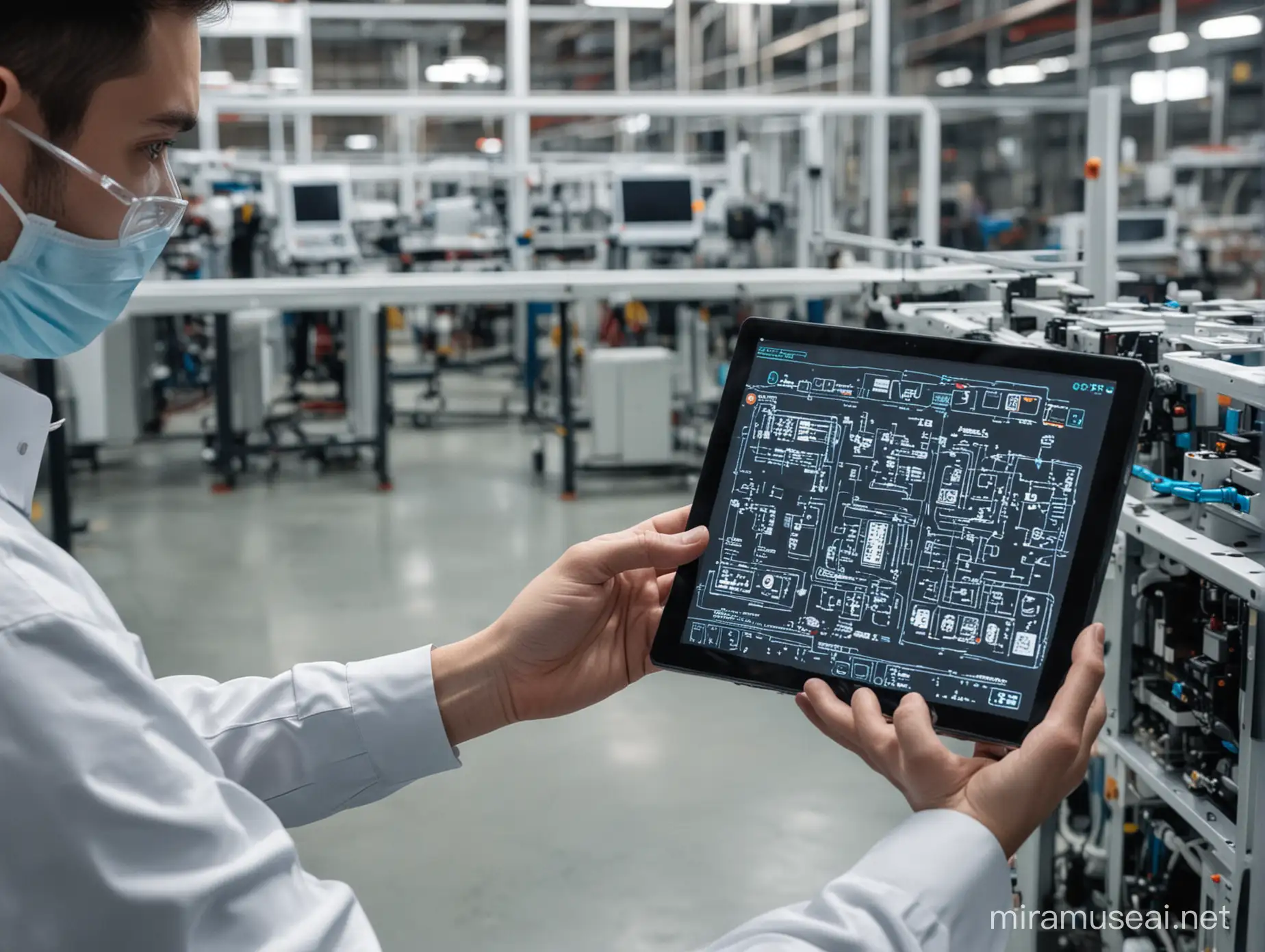 Person Using Tablet in AI Factory Automation Setting