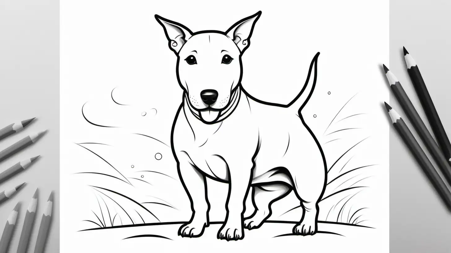 Creame un dibujo en blanco y negro de un bullterrier minimalista y adorable para un libro de colorear para niños