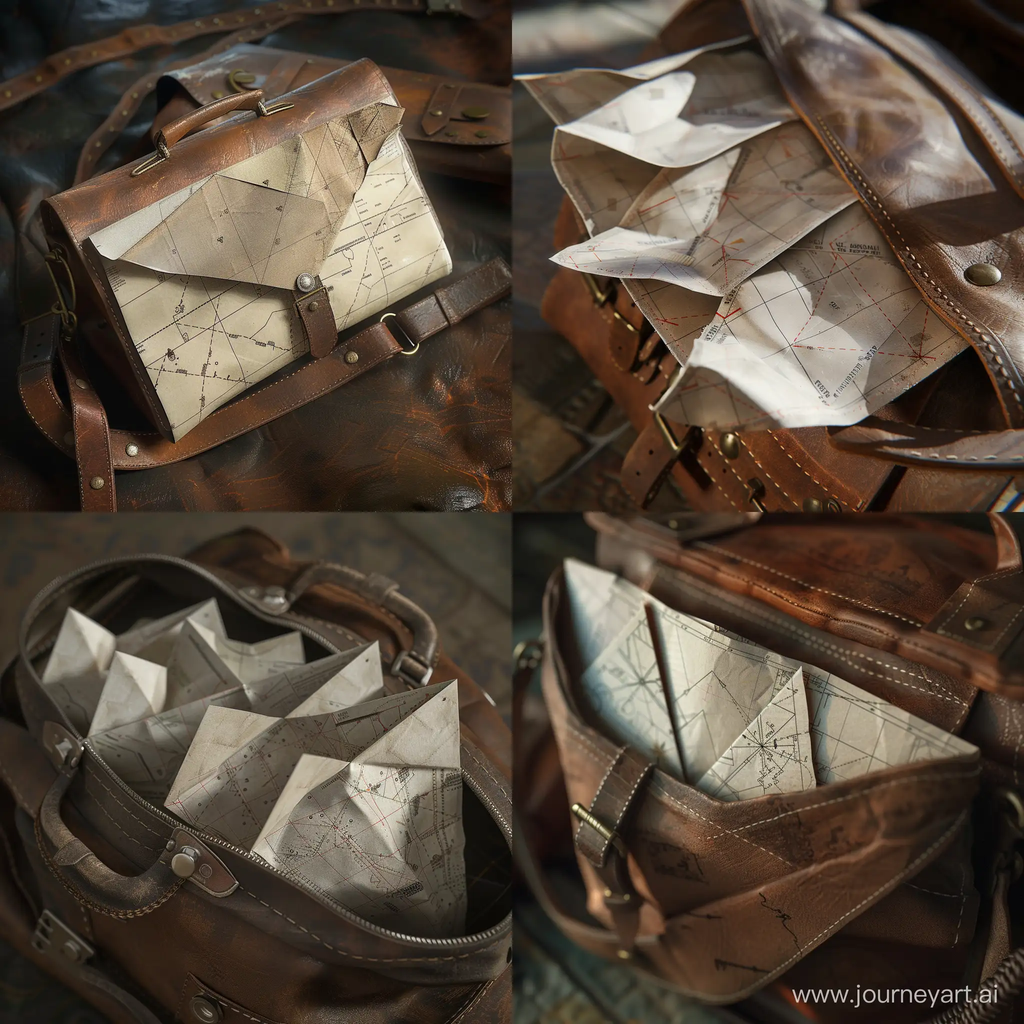 old military mapping kit folded paper isometric in old military officer's leather bag realistic 3d render