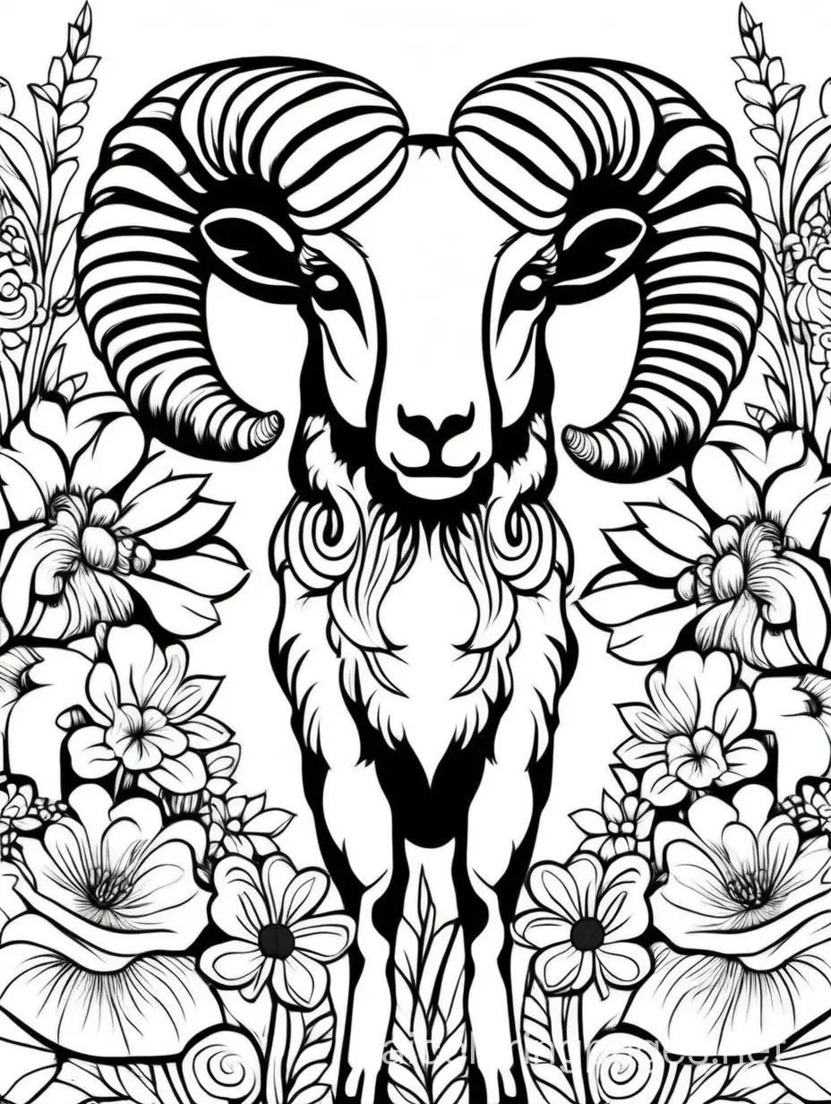 ram in flowers for adults for women, Coloring Page, black and white, line art, white background, Simplicity, Ample White Space. The background of the coloring page is plain white to make it easy for young children to color within the lines. The outlines of all the subjects are easy to distinguish, making it simple for kids to color without too much difficulty