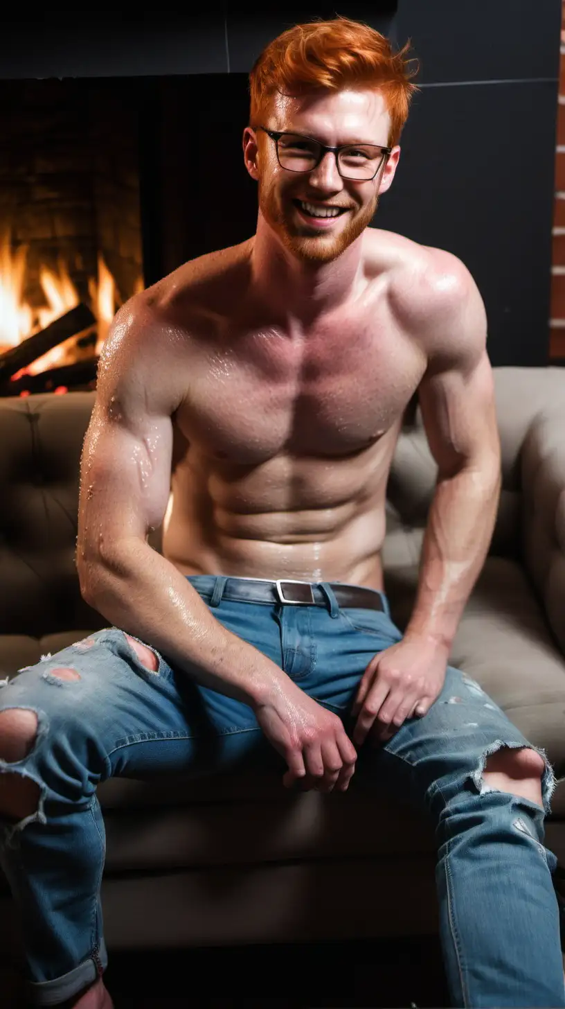 handsome redhead man, shirtless, very sweaty, very wet, stubbles, short hair, glasses, muscular, show hairy chest, show abs, show legs, torn jeans, full body shot, fireplace, cozy, sitting, sofa, smiling
