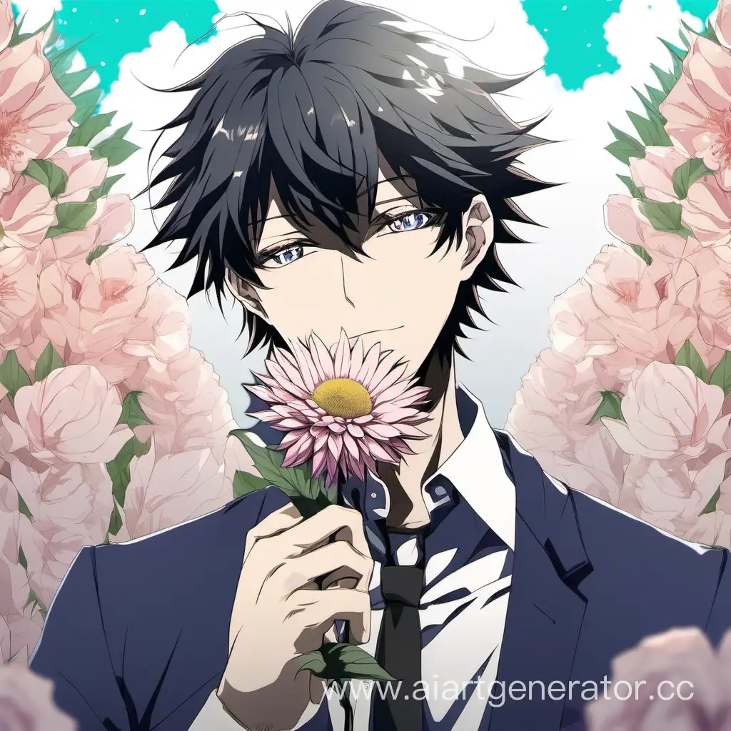 Anime-Male-Holding-Flower-in-Field-of-Blossoms
