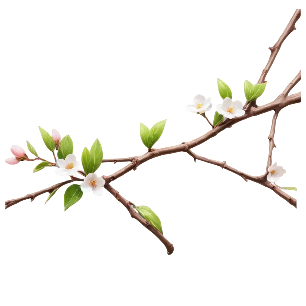 Thick tree branch with spring flowers on it, high quality details, rich colors, hyperrealism, 3D rendering