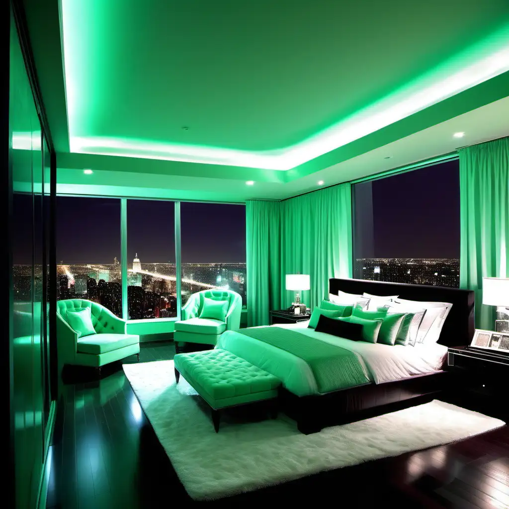 Luxurious penthouse gigantic mint green bedroom in a city night