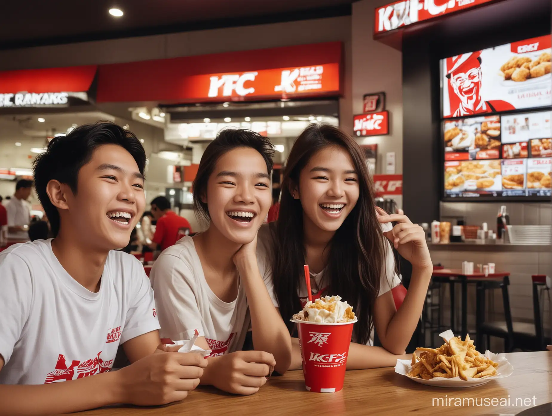 Three Malaysia teenager laughing  in KFC restaurant