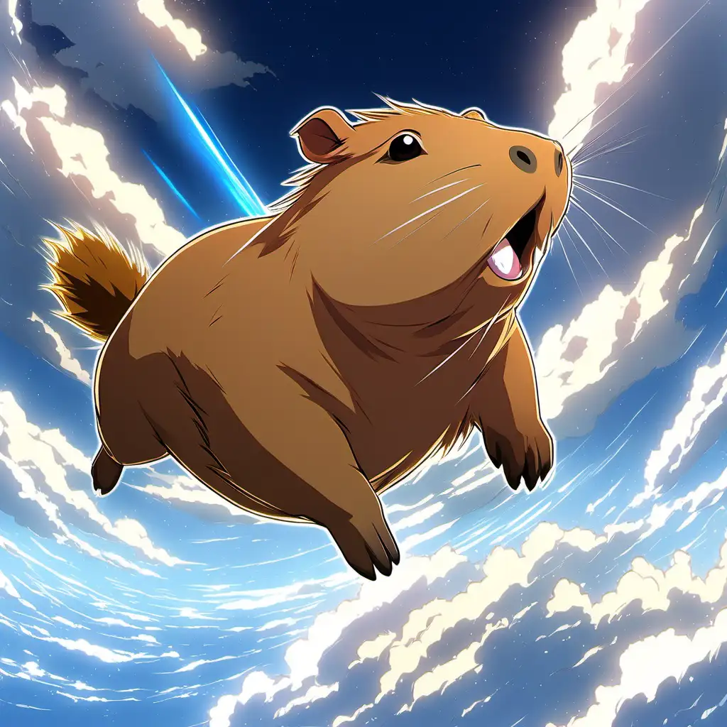 Anime capybara surging through the sky