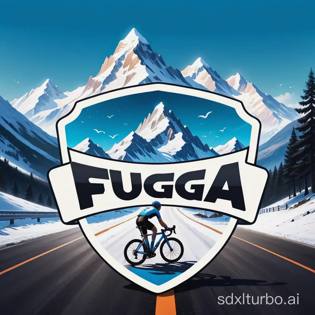 Create a logo that includes snow mountains and a road bike with the text "Team Fuga" the color for the text should be Blue