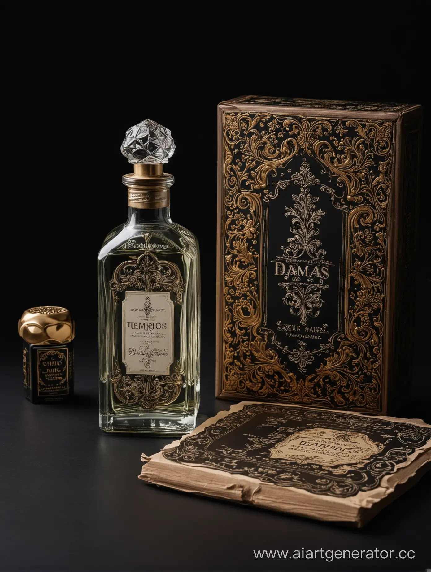 a bottle of damas cologne sitting next to a box, a flemish Baroque by Demetrios Farmakopoulos, instagram contest winner, dau-al-set, dynamic composition, contest winner, feminine
black background