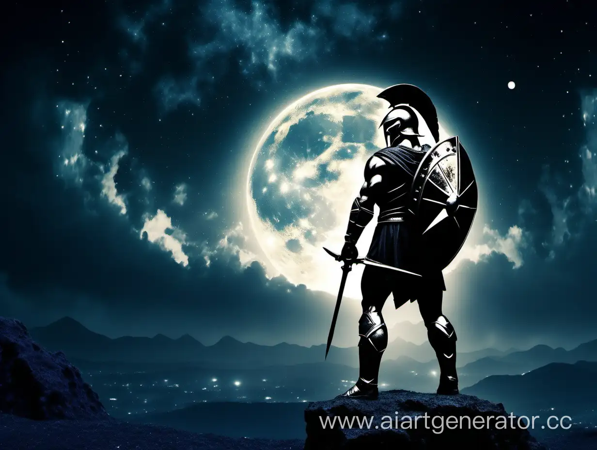 Спартанец перед боем на фоне ночного небо и луны