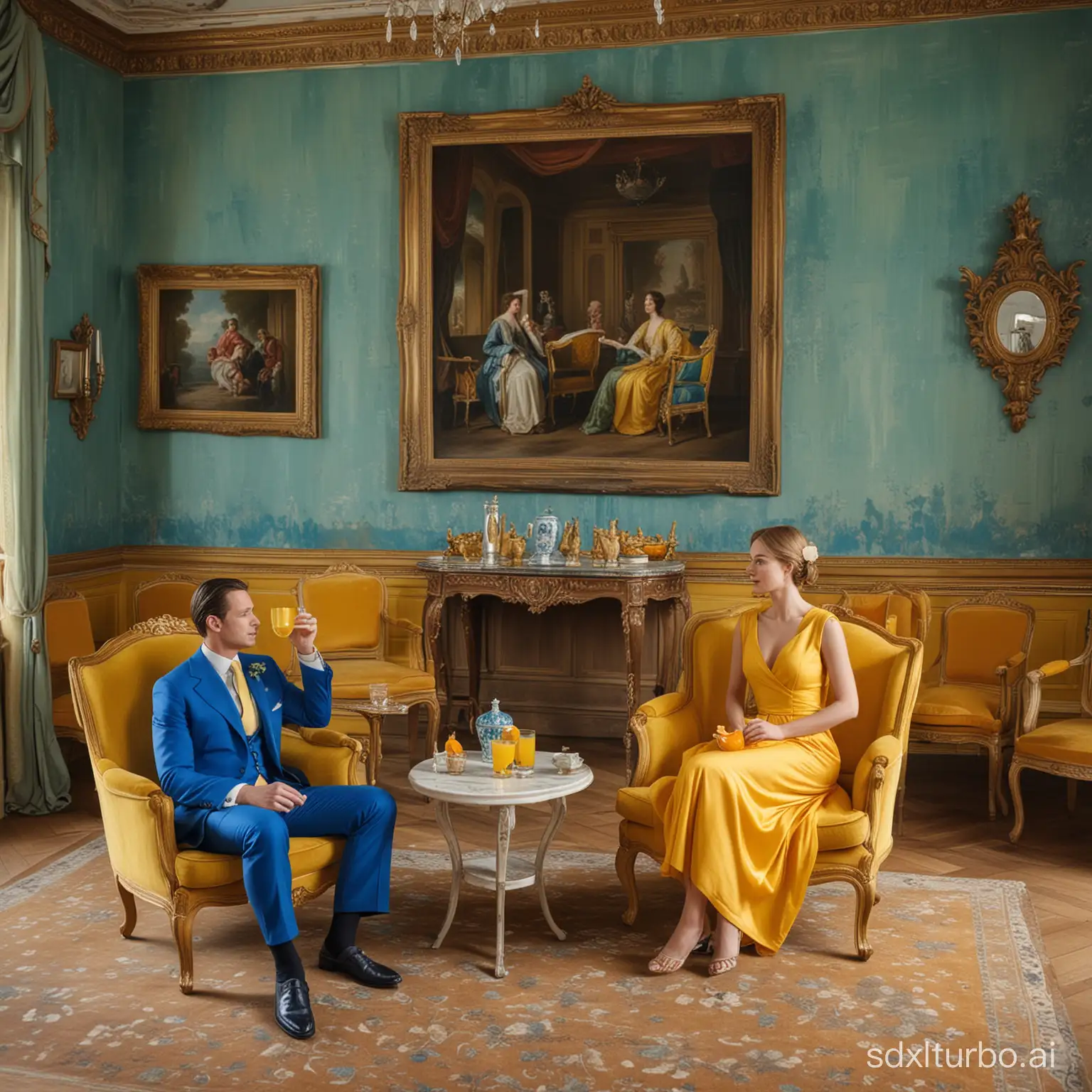 A man in a blue suit on the left and a woman in a yellow dress on the right in the corner of an elegant blue room, each drinking a green of orange juice. The 2 people sitting on royal chairs They are sitting on castle-type chairs with paintings in the background. There is a door on the left hidden by curtains with a bird's eye view