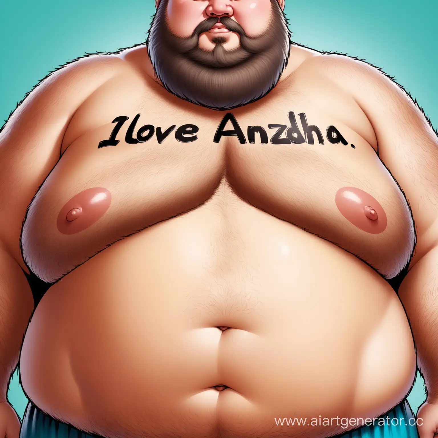 Надпись на животе очень жирного волосатого мужика "I LOVE ANDZHA"