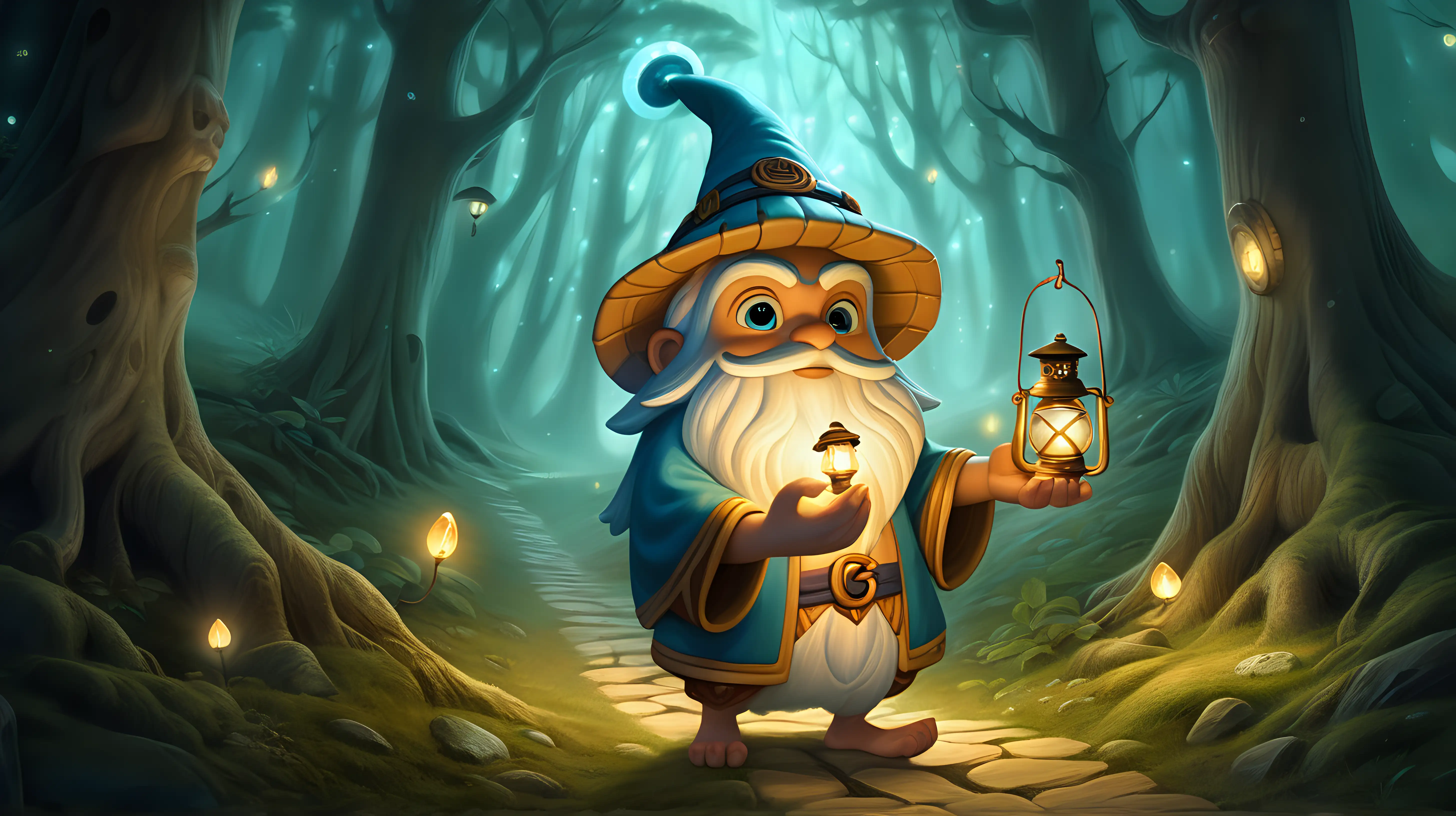 Enchanting Guide Wise Character Illuminating Mystical Forest Path