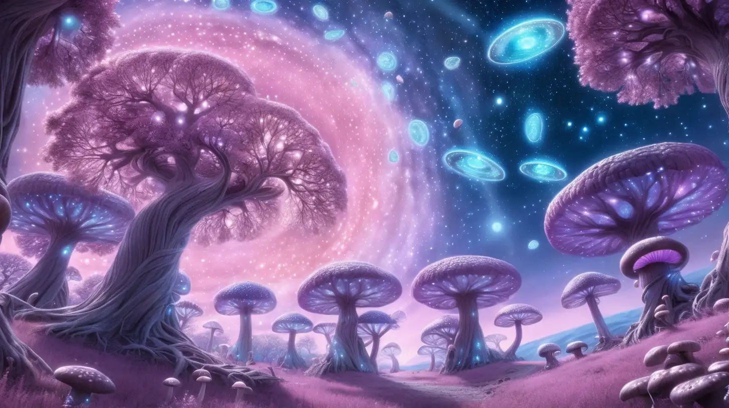 fairytale-magical grape trees -glowing-baby pink-pastel purple-sky blue forming a portal that shows outer space astroids and mushrooms
