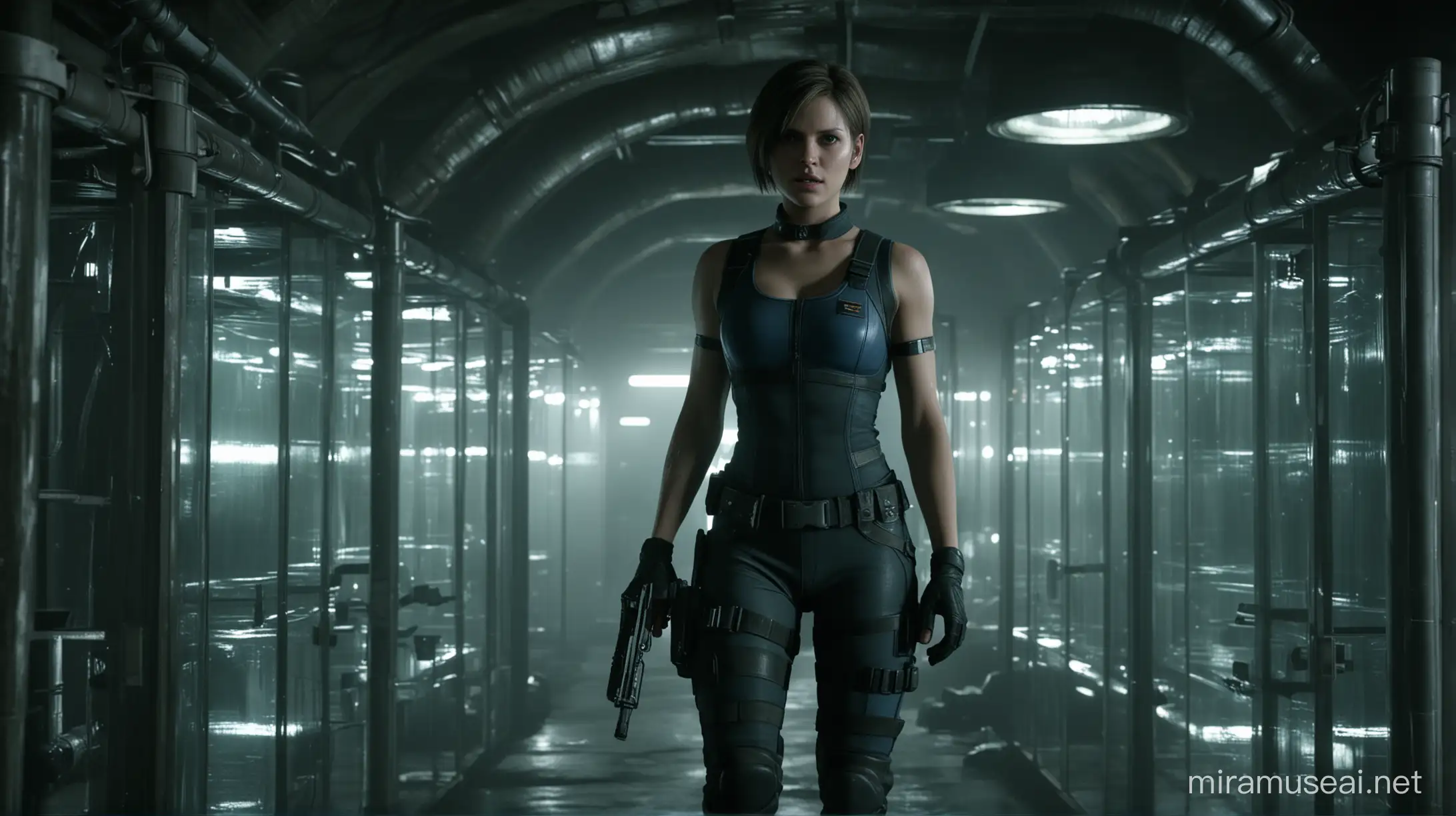 Jill Valentine Explores Underground Lab with Mutants in Glass Tubes in Dark Cinematic Scene