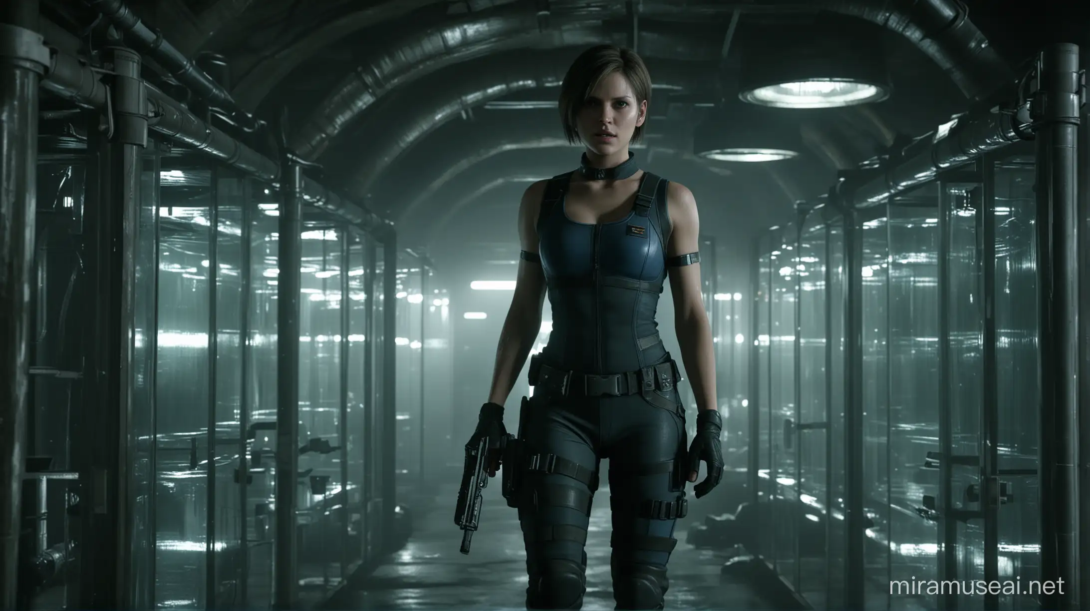 cinematic still, resident evil, jill valentine, exploring underground lab, mutants in glass tubes, dark