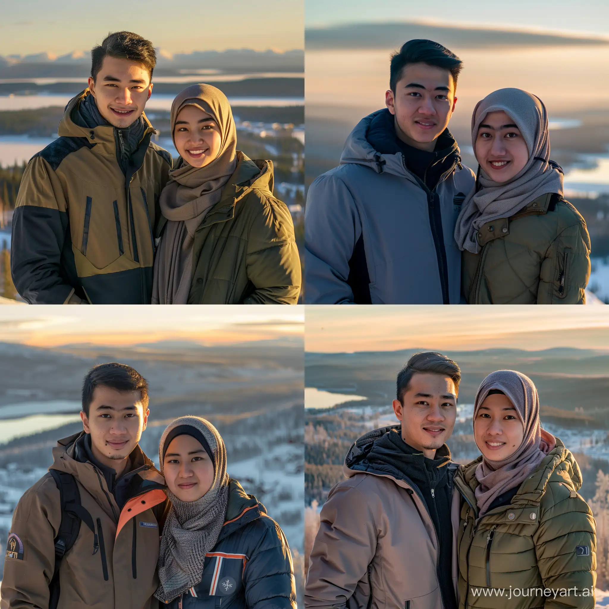 Wisatawan.  Prompt: medium shot, A 22-year-old Indonesian man (light yellow skin, Ideal body, black hair), wearing a winter jacket, standing side by side with a 21 yo Indonesian woman (in a hijab, winter jacket), they are smiling facing the camera, against the background view of levi lapland, Near sunrise,ultra HD, original photo, very detailed, very sharp, 17 mm lens, Nikon Z6 camera .