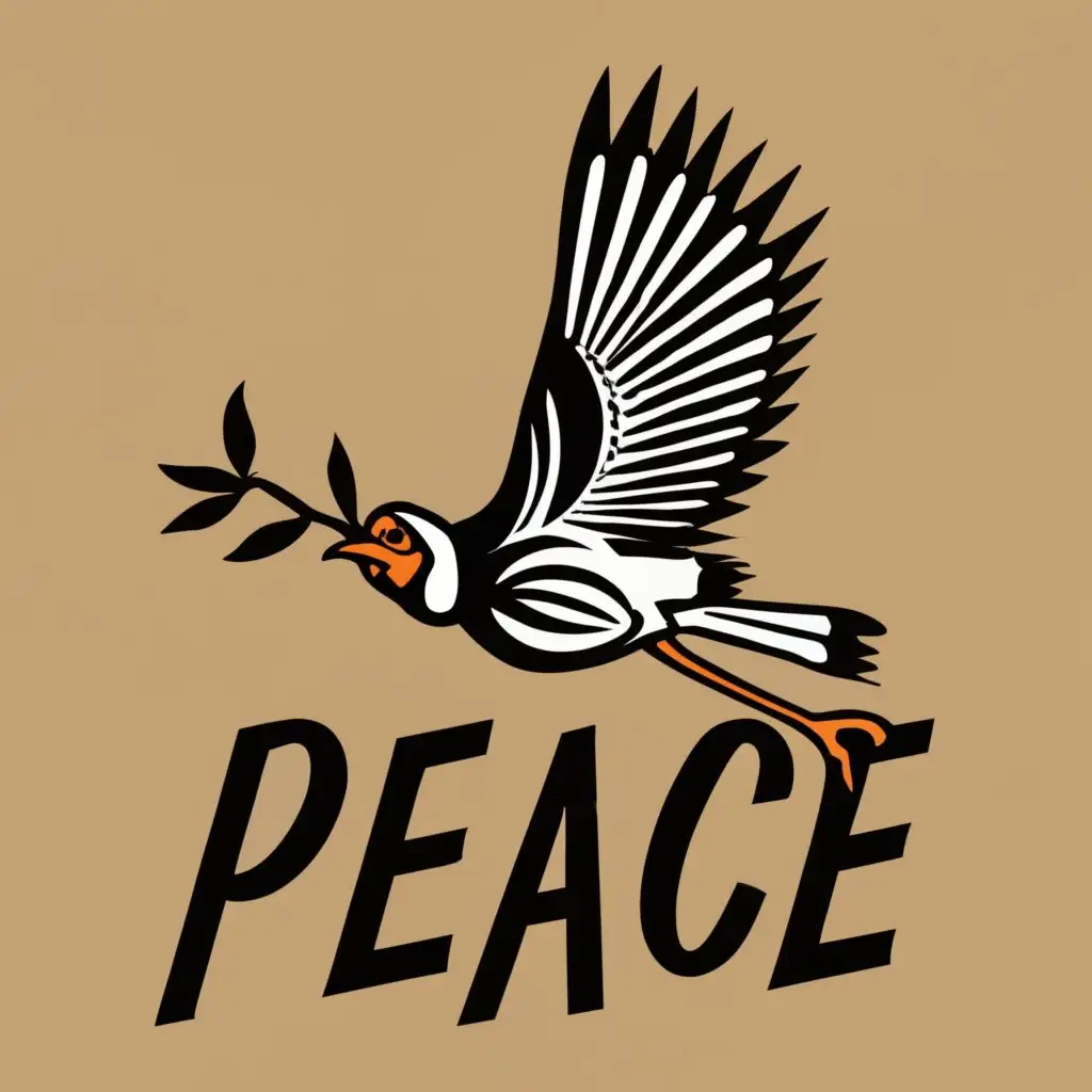 logo, a secretary bird flying expressing peace, with the text "Peace", typography