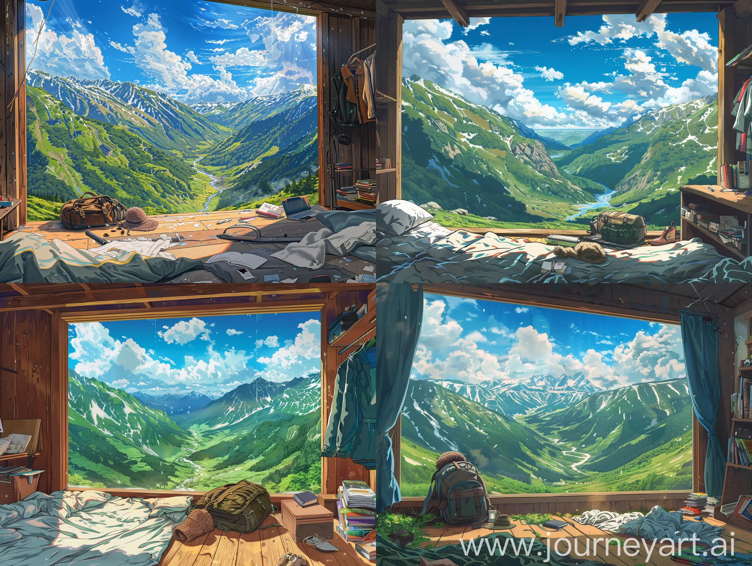Anime style, room overlooking a valley located between green mountains.  The sky is blue and full of clouds, the top of the green mountains is filled with some snow. These snows melt into water and rush down to the valley due to the sun's rays.  The room is warm and wooden. Under the window there is a bed with scattered bedding.  Next to the bed is a large travel backpack with a wool hat for the cold.  There are some books in the office and a clothes hanger with some clothes on it.