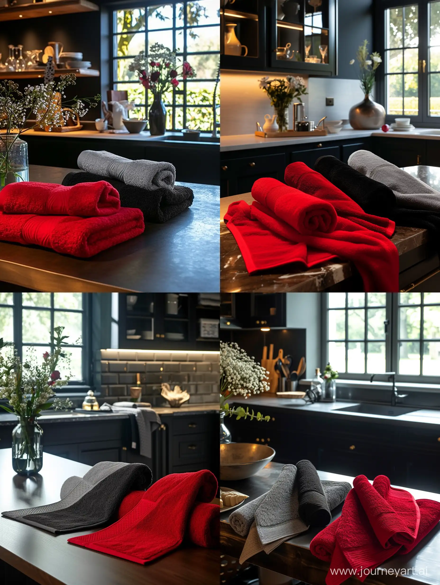 Stylish-Dark-Kitchen-Table-Setting-with-Colorful-Towels-and-Flowers