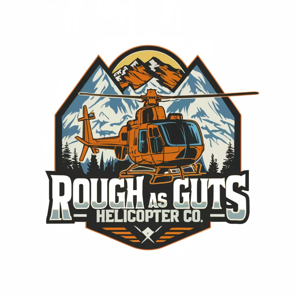 a logo design, with the text 'Rough As Guts Helicopter Co.' , main symbol: helicopter flying infront of mountains, complex, clear background, make the helicopter an airbus h125, est 1994, thats not an airbus as350