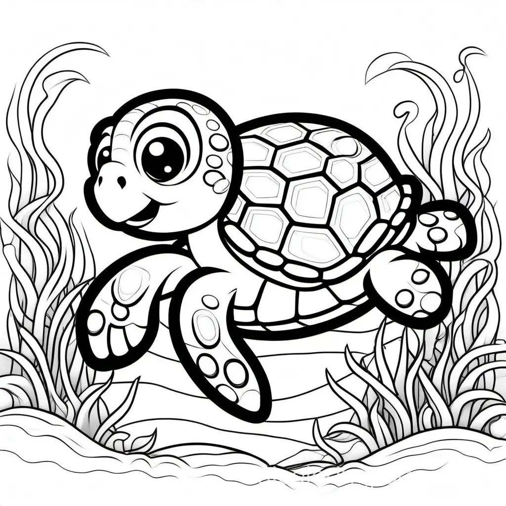 A cute sea turtle with kawaii eyes, Coloring Page, black and white, line art, white background, Simplicity, Ample White Space. The background of the coloring page is plain white to make it easy for young children to color within the lines. The outlines of all the subjects are easy to distinguish, making it simple for kids to color without too much difficulty