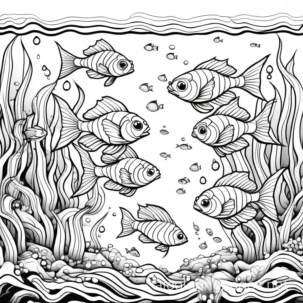 Coloring book artistic image of 2d drawing, ink lines, sketch style, line art very detailed, high resolution, object in the centre, on white background, water full fishes, Coloring Page, black and white, line art, white background, Simplicity, Ample White Space. The background of the coloring page is plain white to make it easy for young children to color within the lines. The outlines of all the subjects are easy to distinguish, making it simple for kids to color without too much difficulty