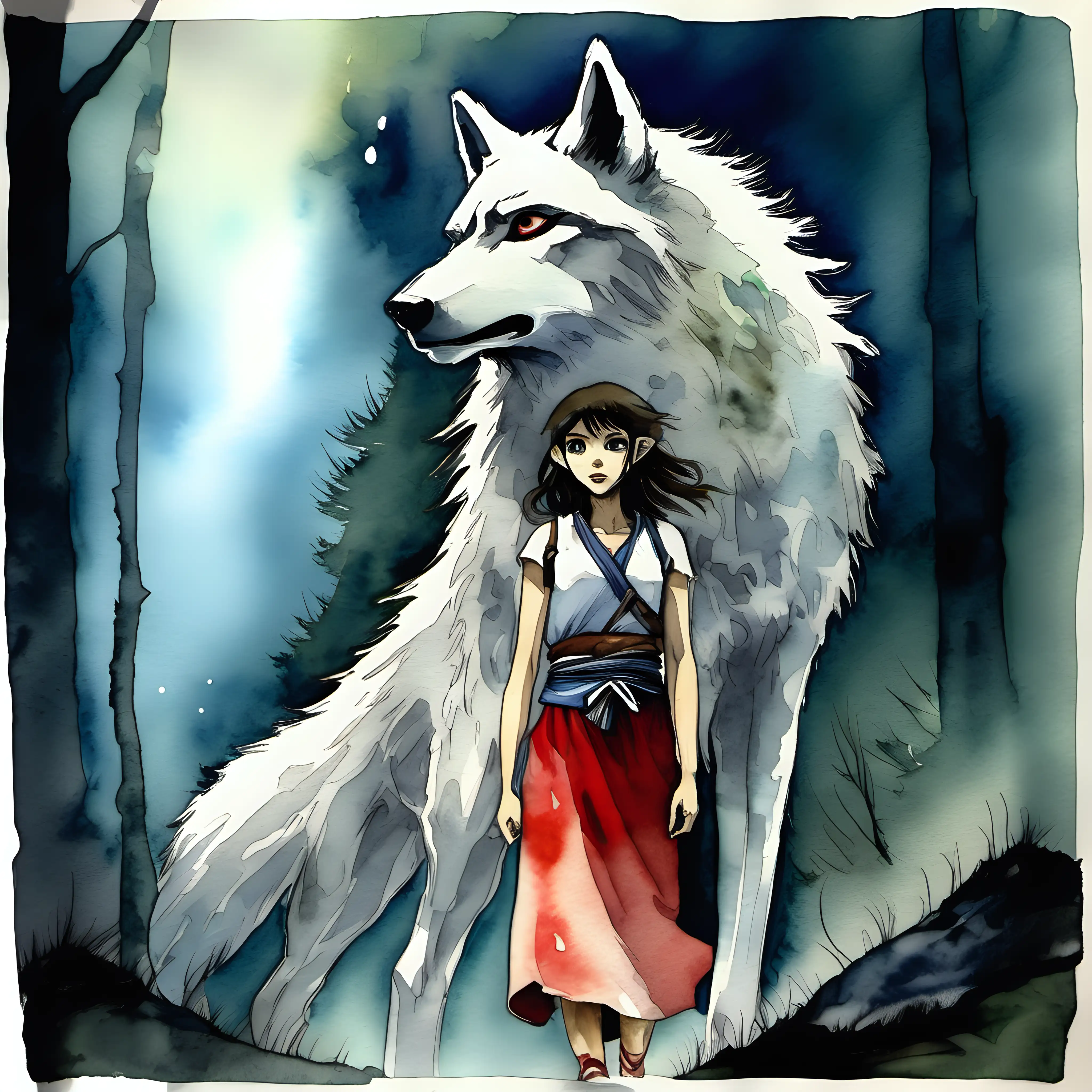 Princess Mononoke girl, watercolor painting, with wolf